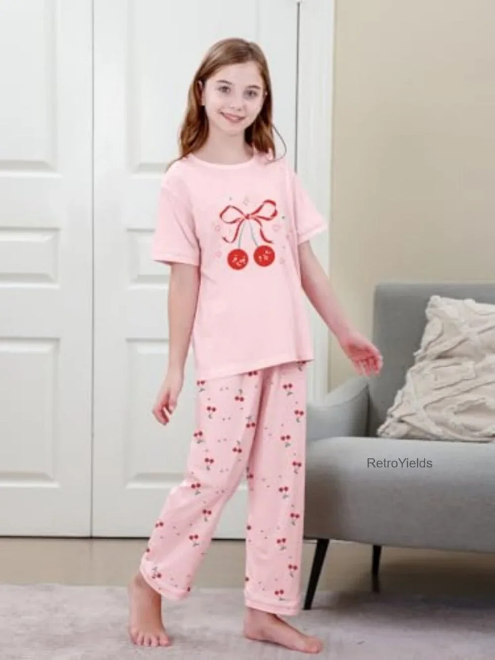 3PC Cotton Pajama Set Short Sleeve Tee Shorts Pants Girls Sleepwear Lounge